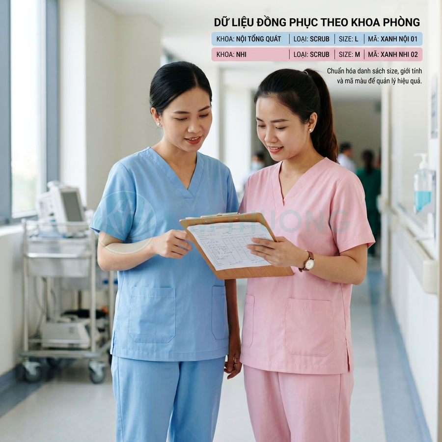 Đồng phục y tá bệnh viện màu xanh và hồng đang trao đổi hồ sơ bệnh án trong hành lang